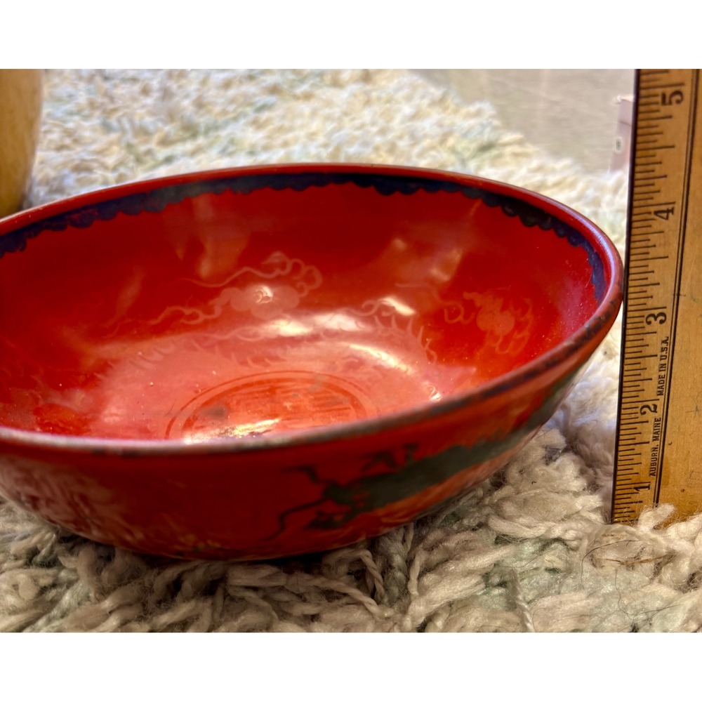Vintage Chinese Red Porcelain Dragon Bowl Hand Painted Black Clouds 8 inch